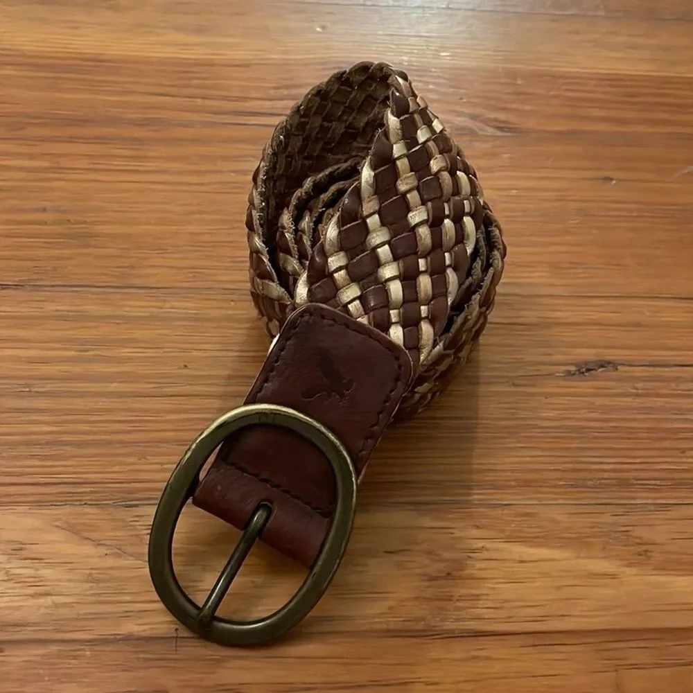 American Eagle Braided Leather Belt Brown Gold Oval Buckle Womens S/M